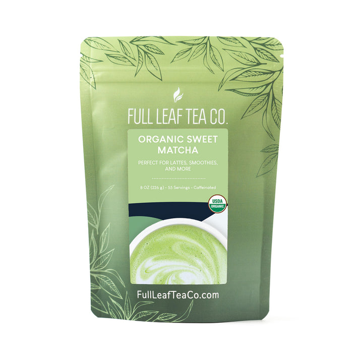 An 8 oz bag of Organic Sweet Matcha by Full Leaf Tea Co