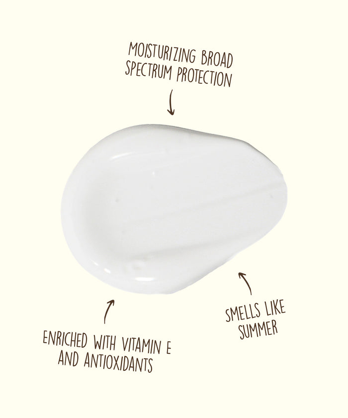 Sunscreen lotion swatch labeled with moisturizing broad spectrum protection, enriched with vitamin E and antioxidants, and smells like summer. Sun Bum
