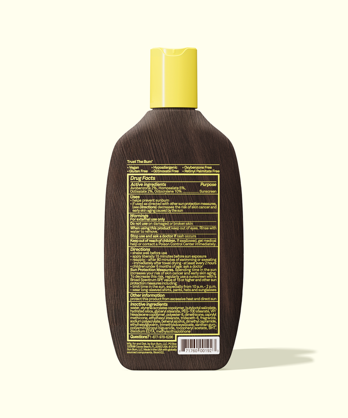 Back view of Sun Bum Original SPF 15 Sunscreen Lotion bottle with detailed product and usage information.