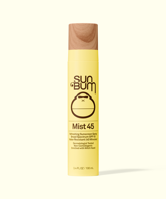Sun Bum Original SPF 45 Sunscreen Face Mist in yellow bottle with wooden cap, protective and refreshing spray.