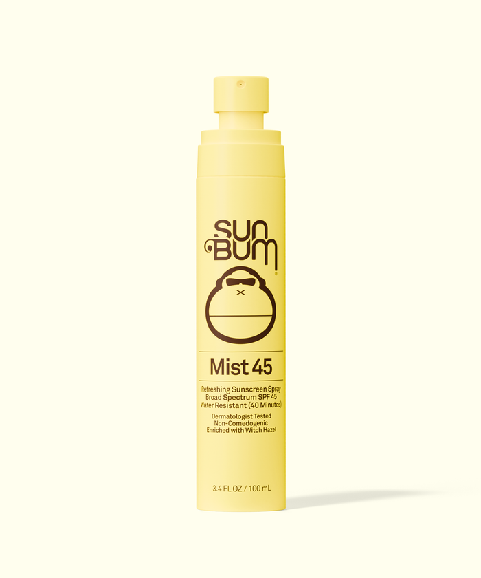 Sun Bum Original SPF 45 Sunscreen Face Mist in yellow bottle with spray nozzle, water resistant and broad spectrum protection.