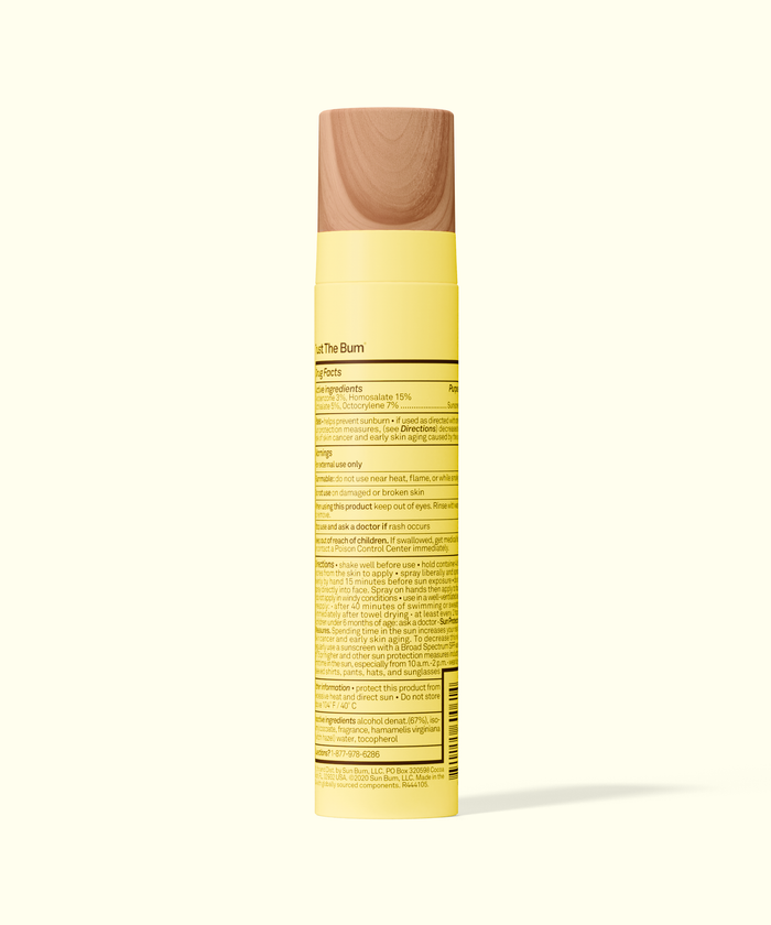 Back view of Sun Bum Original SPF 45 Sunscreen Face Mist bottle with detailed product information label.
