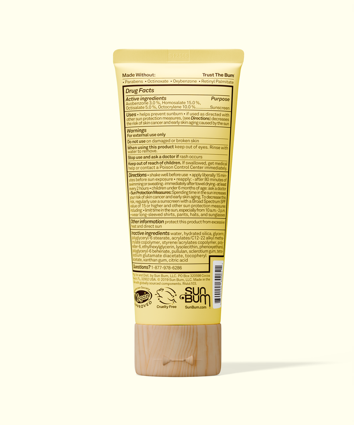Back view of Sun Bum Original SPF 70 Sunscreen Face Lotion tube showing ingredients and usage directions.