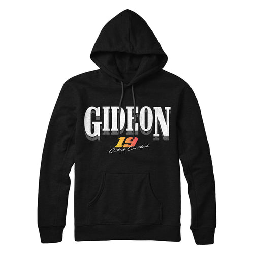 Black pullover hoodie with GIDEON written across the chest in white font. Below that the number 19 is written in a yellow and orange gradient font. Below that there is small white text that says OUT OF CONTROL.