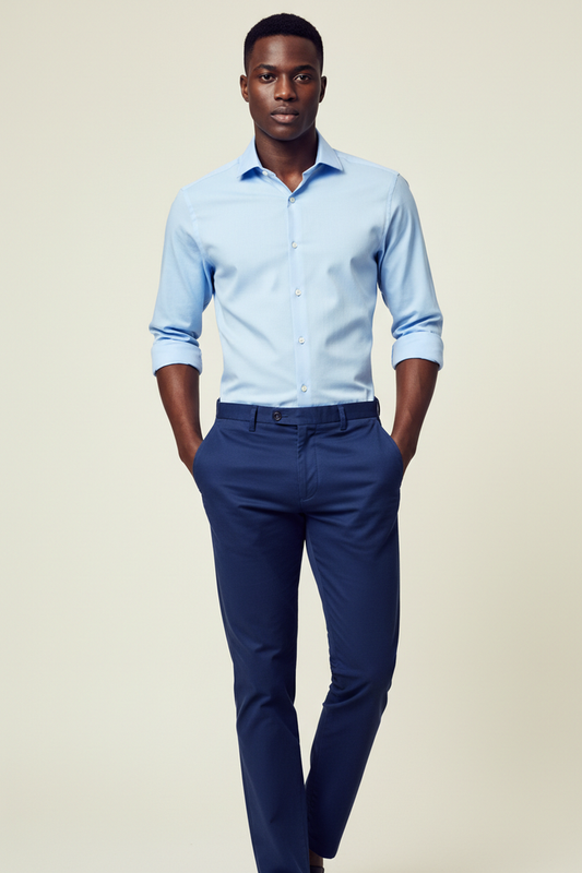 Full length model wearing Monza Sky Blue Dress Shirt and Khaki Navy Blue Pants on cream background