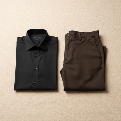 Men's Outfit Combo – Verso Black Dress Shirt and Khaki Dark Brown Pants flat-lay on cream background