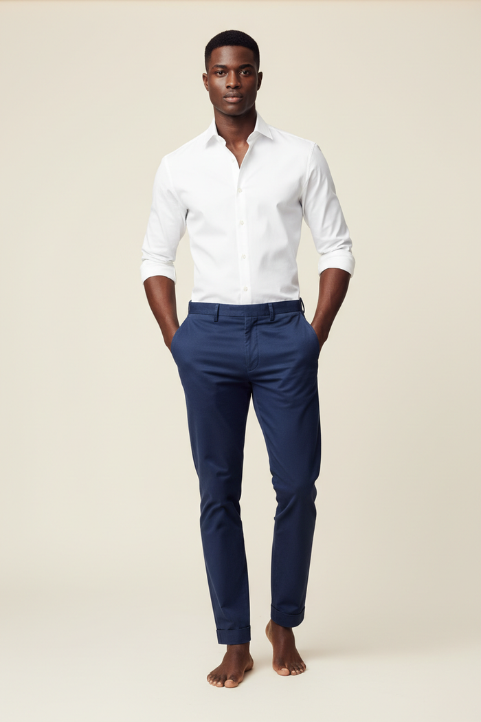 Full length model wearing Verso White Dress Shirt and Khaki Navy Blue Pants on cream background