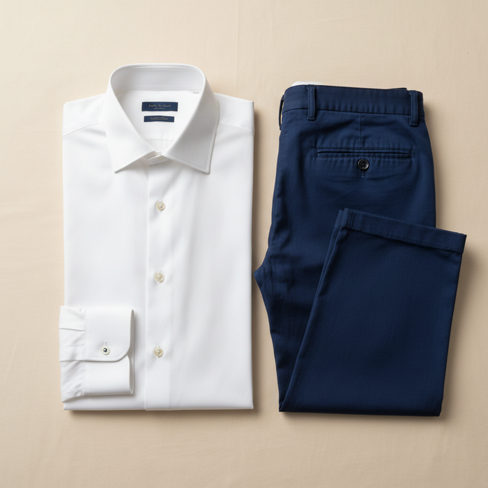 Men's Outfit Combo – Verso White Dress Shirt and Khaki Navy Blue Pants flat-lay on cream background