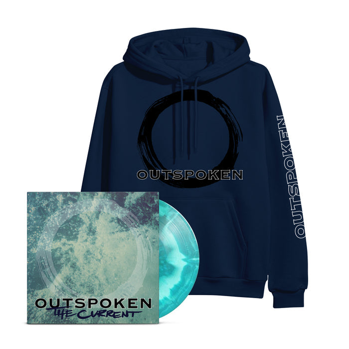 Outspoken navy blue hoodie with a black circular brushstroke and "OUTSPOKEN" text, paired with a blue-and-white marbled vinyl and an album cover featuring water and "OUTSPOKEN THE CURRENT" text.
