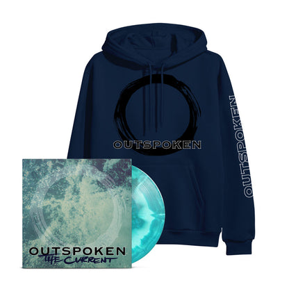 Outspoken navy blue hoodie with a black circular brushstroke and "OUTSPOKEN" text, paired with a blue-and-white marbled vinyl and an album cover featuring water and "OUTSPOKEN THE CURRENT" text.