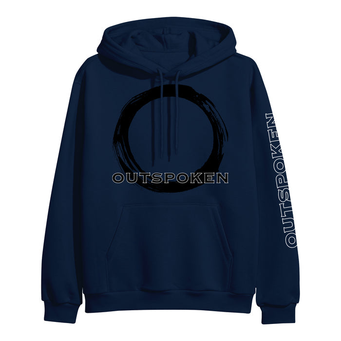 Navy blue Outspoken hoodie featuring a large black brushstroke circle and bold "OUTSPOKEN" across the chest, with "OUTSPOKEN" also printed vertically on the left sleeve.