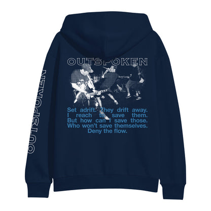 Outspoken navy blue hoodie with "OUTSPOKEN" on the sleeve and back, featuring a black-and-white live band photo and blue lyrics on saving others and denying the flow printed on the back.