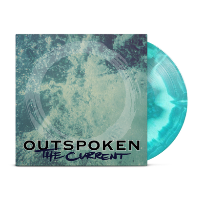 A turquoise vinyl record partially slides out of its sleeve. The sleeve features abstract blue and teal artwork with "Outspoken" in bold black letters and the brand name below in a blue handwritten font.