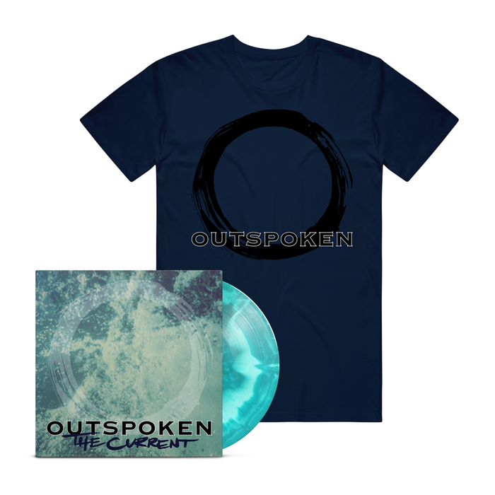 A navy blue Outspoken t-shirt with a bold black circle and "Outspoken" below it. In front, a marbled blue-green vinyl record and cover labeled "Outspoken The Current," featuring a swirling water-inspired design.