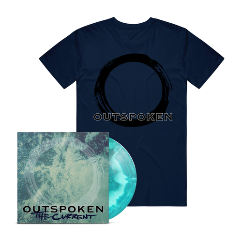 A navy blue Outspoken t-shirt with a bold black circle and "Outspoken" below it. In front, a marbled blue-green vinyl record and cover labeled "Outspoken The Current," featuring a swirling water-inspired design.