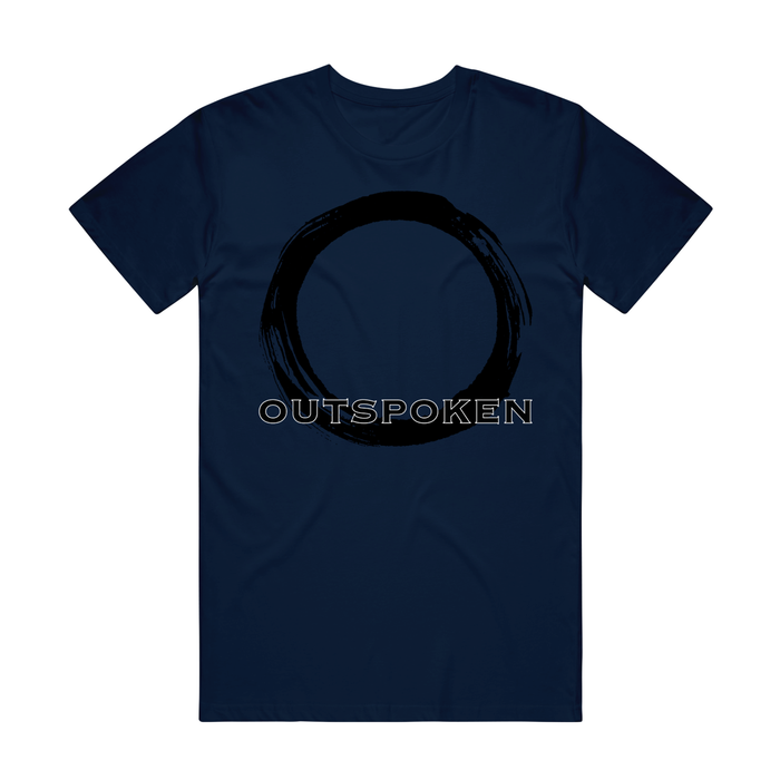 Outspoken navy blue t-shirt with a large black brushstroke circle in the center, featuring the word OUTSPOKEN in bold, outlined letters across the middle.