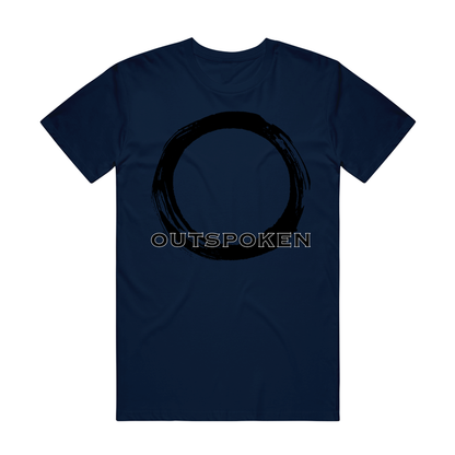 Outspoken navy blue t-shirt with a large black brushstroke circle in the center, featuring the word OUTSPOKEN in bold, outlined letters across the middle.