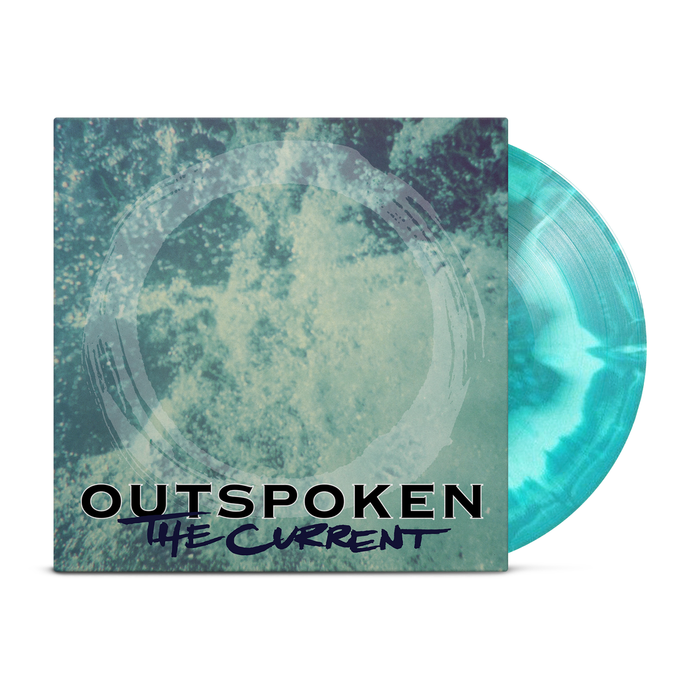 A blue marbled vinyl record partially slides from its cover, which displays abstract blue and teal textures, a circular imprint, and bold "Outspoken The Current" branding.
