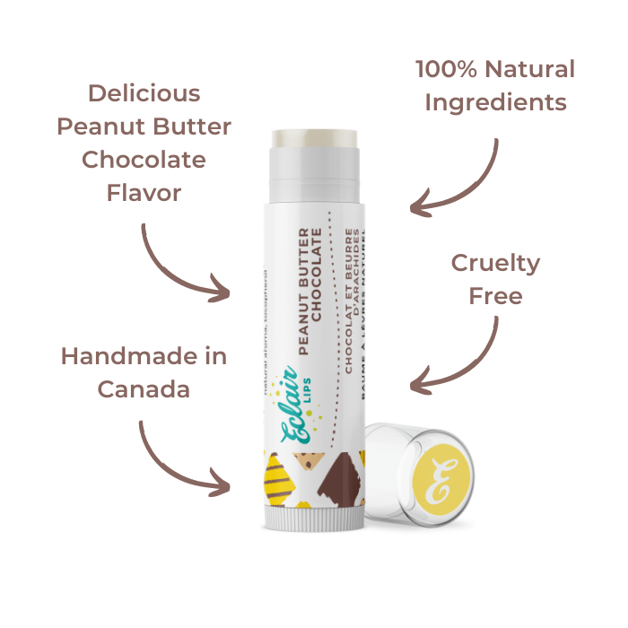 Lip balm tube labeled Peanut Butter Chocolate.