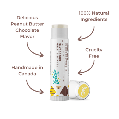 Lip balm tube labeled Peanut Butter Chocolate.