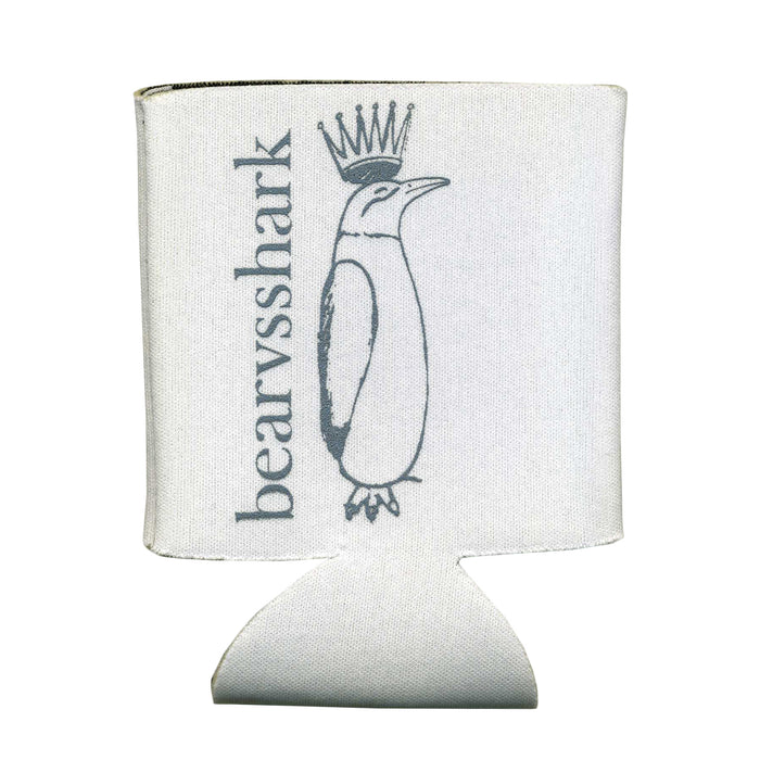 A white bearvsshark Koozy with a crowned penguin graphic and "bearvsshark" printed vertically to the left of the penguin.