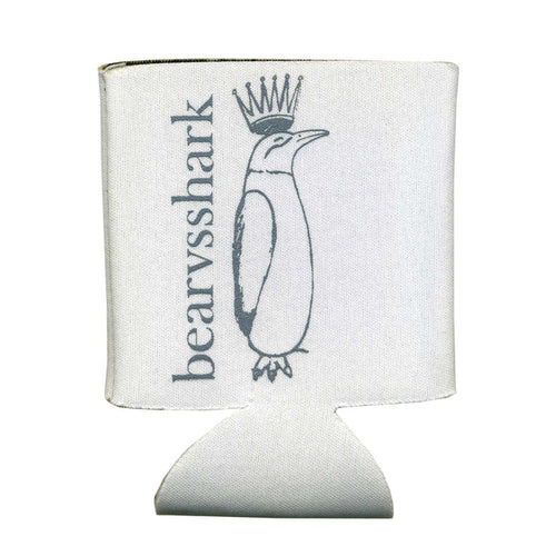 A white bearvsshark Koozy with a crowned penguin graphic and "bearvsshark" printed vertically to the left of the penguin.