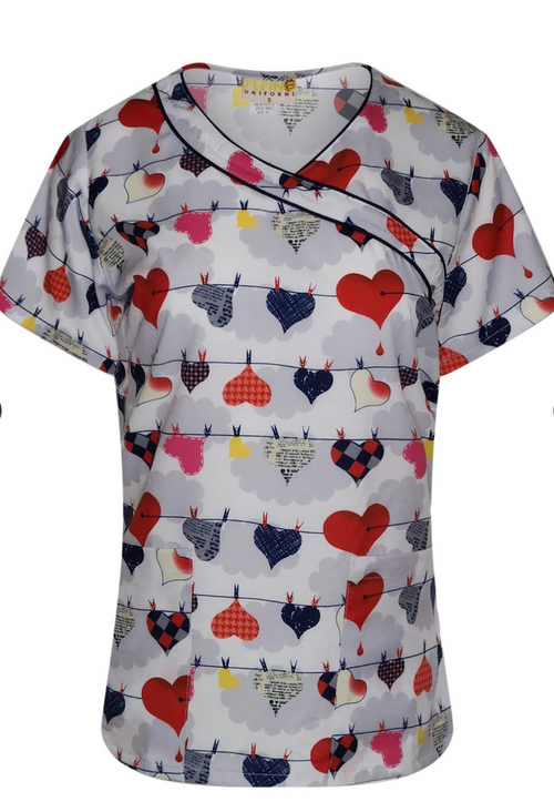 Pepino Uniforms Printed Navy Heartline Mock Wrap Scrub Top