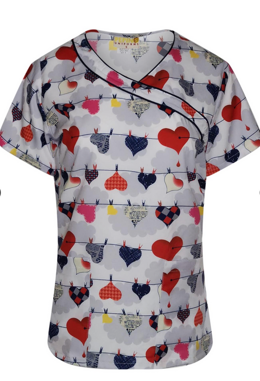 Pepino Uniforms Printed Navy Heartline Mock Wrap Scrub Top