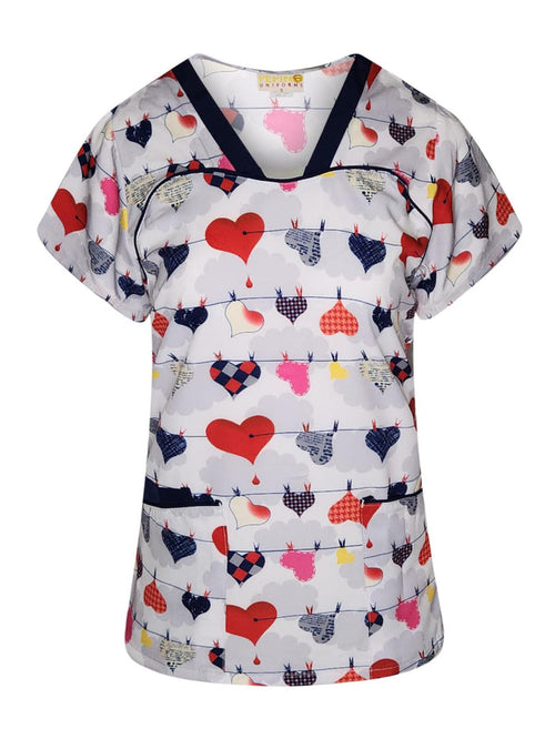 Pepino Uniforms Printed Navy Heartline Piping V-Neck Scrub Top
