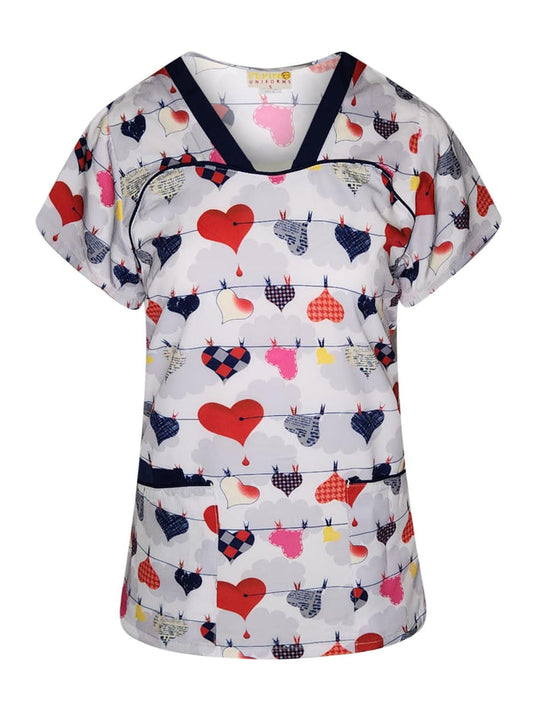 Pepino Uniforms Printed Navy Heartline Piping V-Neck Scrub Top