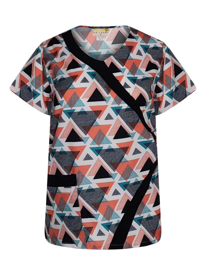 Pepino Uniforms Printed Orange Linked Triangles V-Neck Trim Scrub Top
