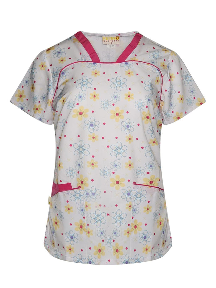 Pepino Uniforms Printed Pink Daisy V-Neck Piping Scrub Top