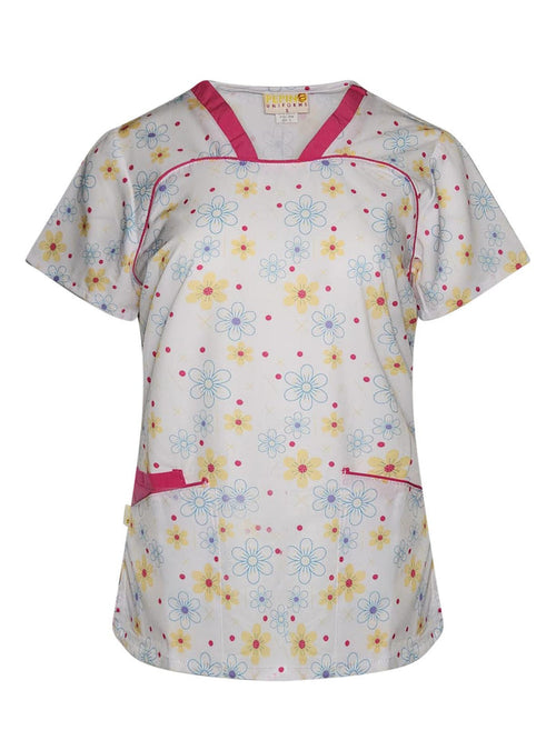 Pepino Uniforms Printed Pink Daisy V-Neck Piping Scrub Top