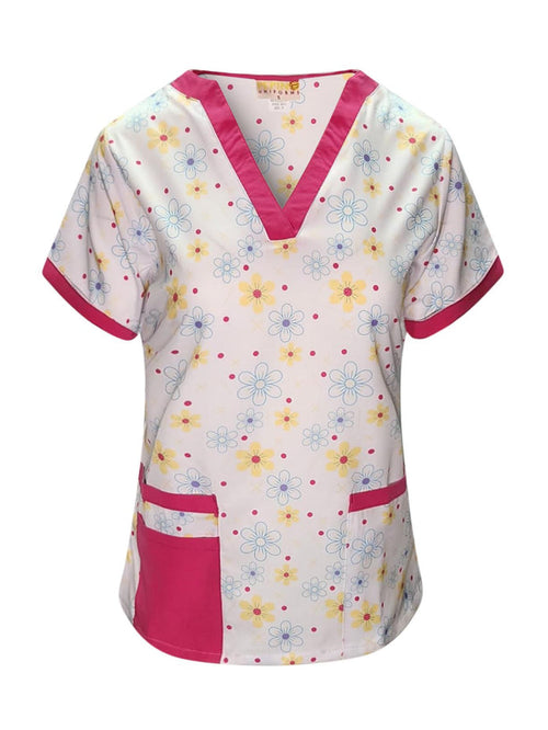 Pepino Uniforms Printed Pinkn' Yellow Daises V-Neck Scrub Top