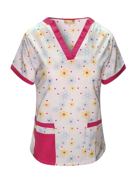 Pepino Uniforms Printed Pinkn' Yellow Daises V-Neck Scrub Top