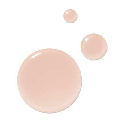 Three power-packed droplets of LONDONTOWN's Perfecting Nail Veil #1 on a white background; the beige liquid droplets are of different sizes.