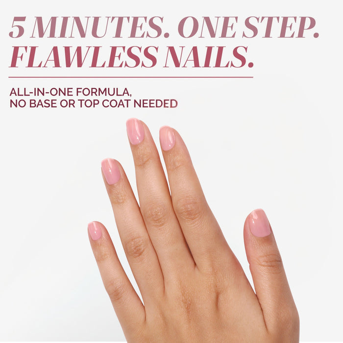 A hand with neatly manicured, glossy pink nails wearing LONDONTOWN’s Perfecting Nail Veil #7 is shown against a white background, highlighting its 5-minute, one-step formula—no base or top coat needed—and tips for pairing with tinted lip balm.