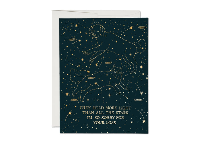 Pet sympathy card with dark blue constellations and condolence message