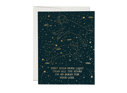 Pet sympathy card with dark blue constellations and condolence message