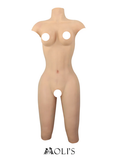 Seamless silicone female bodysuit with padded D-cup girdle, back entry design, by Zero Touch and Petit brand, styled for a smooth fit.