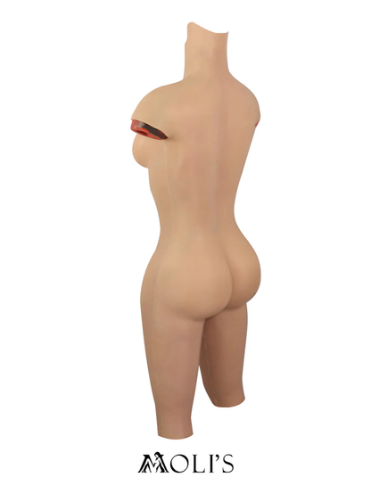 Seamless silicone female bodysuit with padded girdle and D cup, back entry style, by Inthemask by Moli's, in a neutral color.