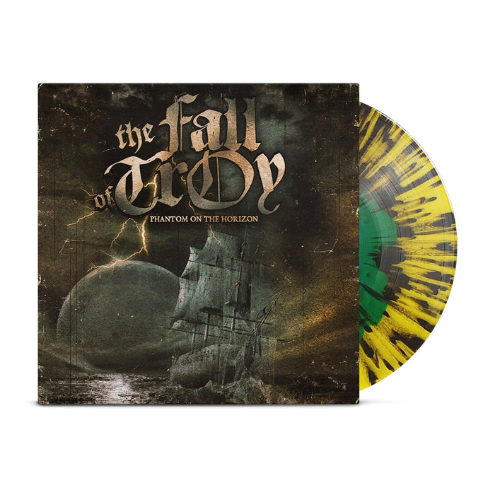 A limited edition Mixed Green & Yellow Vinyl with black splatter, from The Fall of Troy, partially slides out from an album cover featuring a ghostly ship on dark waters beneath a moon. Text: The Fall of Troy, Phantom on the Horizon.