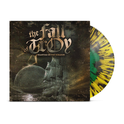 A limited edition Mixed Green & Yellow Vinyl with black splatter, from The Fall of Troy, partially slides out from an album cover featuring a ghostly ship on dark waters beneath a moon. Text: The Fall of Troy, Phantom on the Horizon.