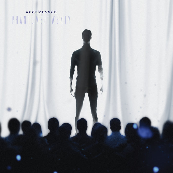 A shadowed figure stands on stage before a white curtain, audience in view. Acceptance Phantoms Twenty is at the top left with blue light dots, hinting at Acceptances upcoming Take Cover album release in 2025.
