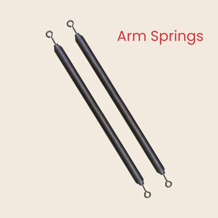 Pair of black coiled arm springs with looped hook ends, Gratz Guillotine Pilates springs.