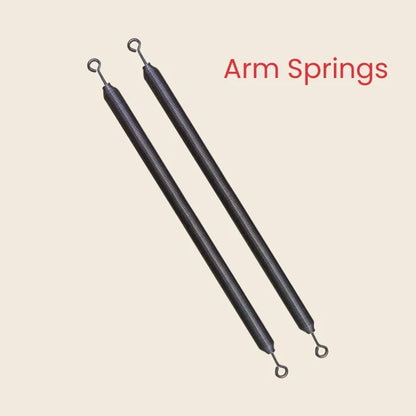 Pair of black coiled arm springs with looped hook ends, Gratz Guillotine Pilates springs.