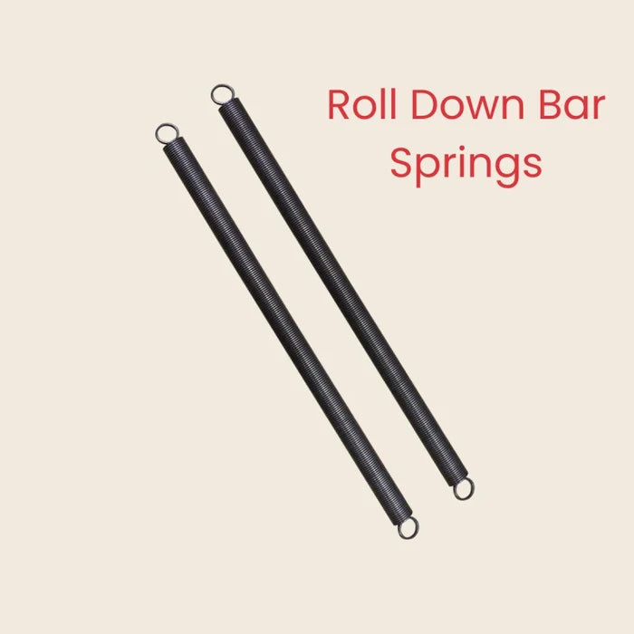 Pair of black roll down bar springs with looped ends for a Pilates studio wall unit.