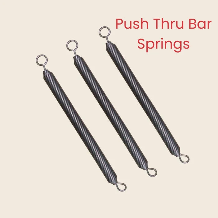 Set of three push-thru bar Pilates springs with looped metal ends for a studio wall unit.