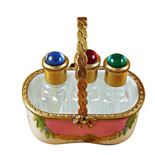 Pink Basket with Three Bottles limoges box Porcelain Limoges French Trinket Box