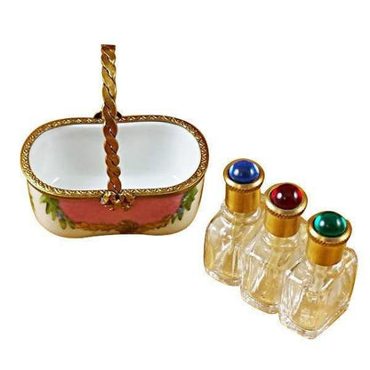 Pink Basket with Three Bottles limoges box Porcelain Limoges French Trinket Box